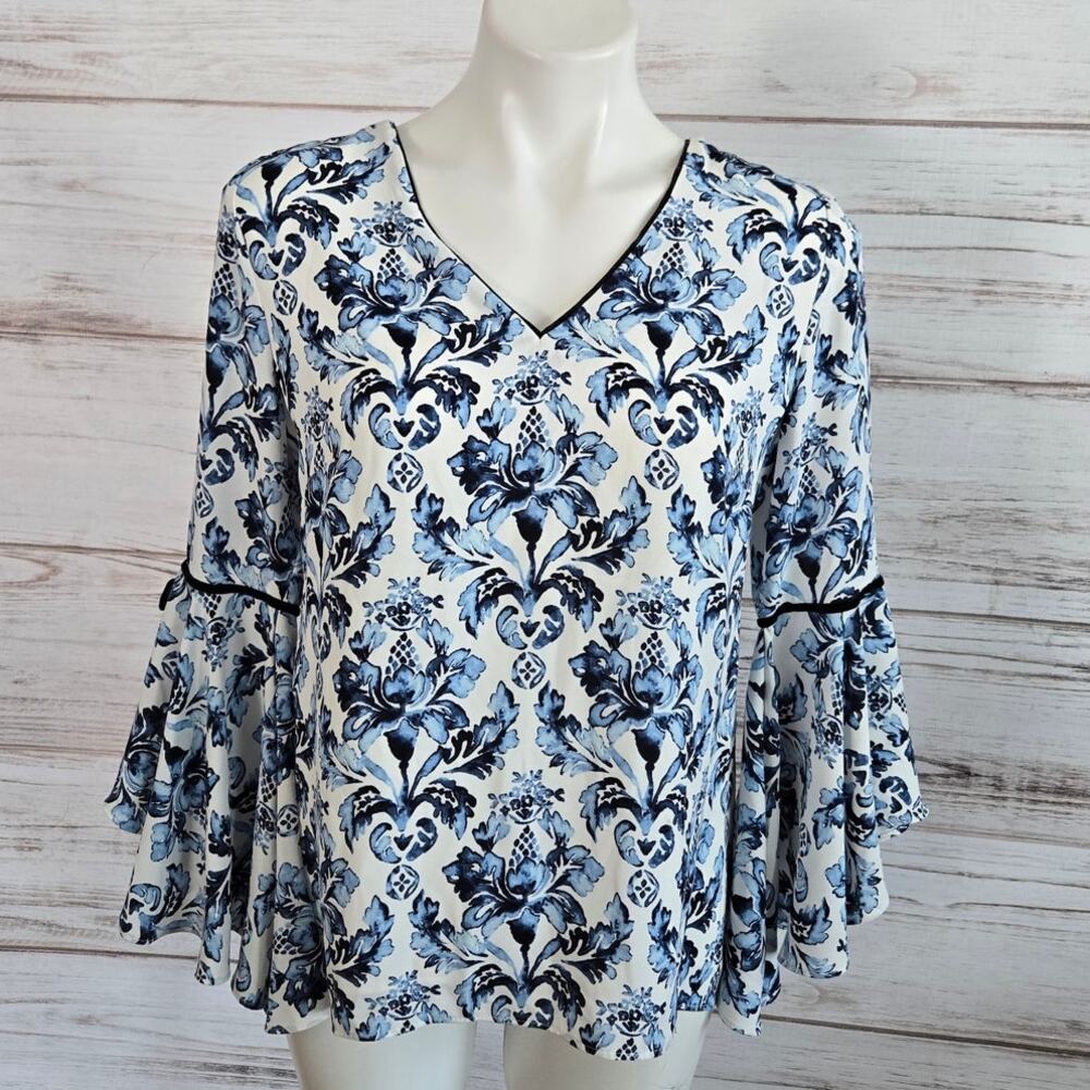 White House Black Market Blue and White Floral V-Neck Bell Sleeve Blouse